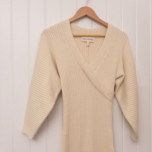 MARA HOFFMAN Samira Wrap-effect Ribbed Organic Cotton-blend Midi Dress Cream Siz - Picture 3 of 12